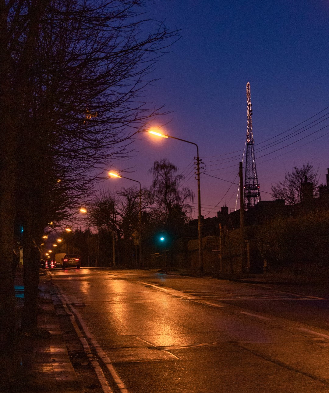 Wet road at dusk